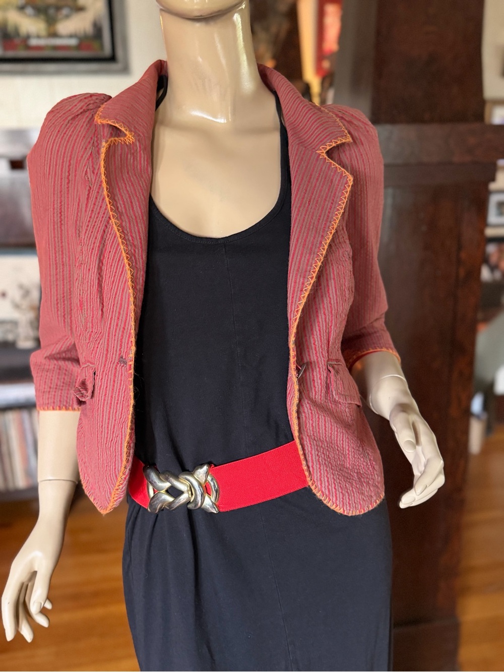 Free People Red/Orange Cropped Blazer with Orange Topstitching